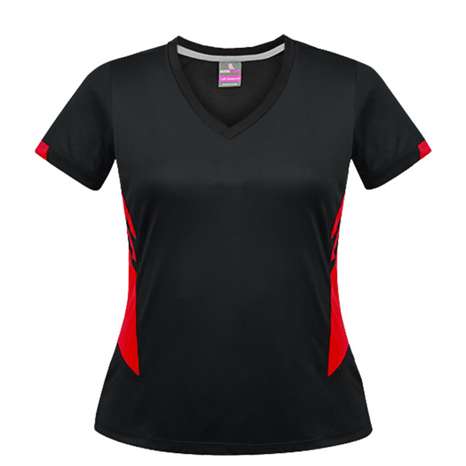 Black ladies v-neck sports tee with red contrast side panels and sleeve trim