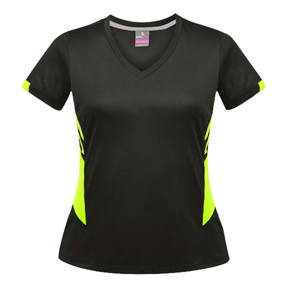Black and neon yellow women's v-neck sports tee with contrast side panels and athletic cut