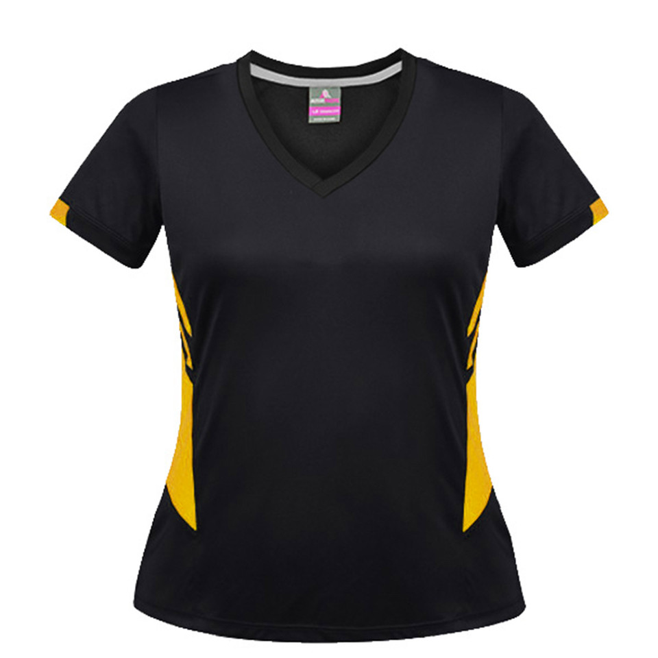 Black ladies V-neck sports tee with gold contrast side panels and sleeve trim