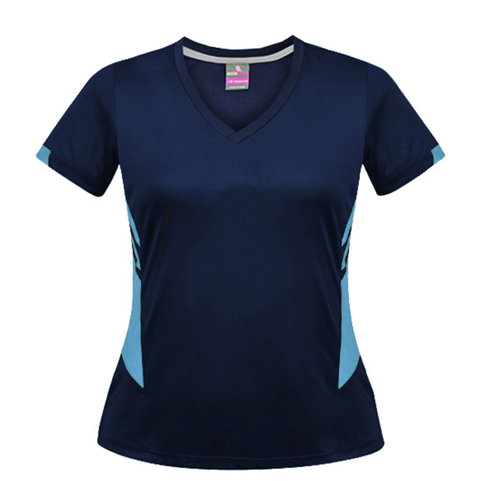 Navy v-neck sports tee with teal contrast side panels and sleeve trim