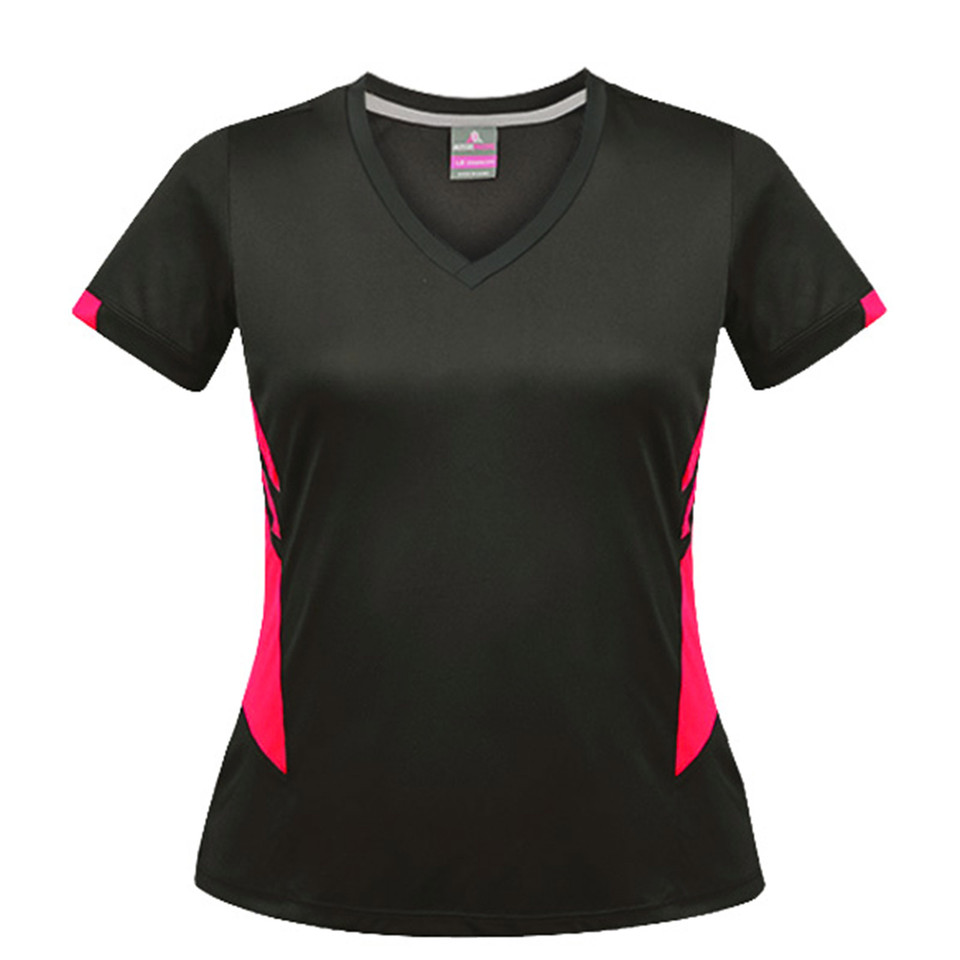 Black women's V-neck sports tee with hot pink contrast side panels and sleeve inserts, flat lay packshot