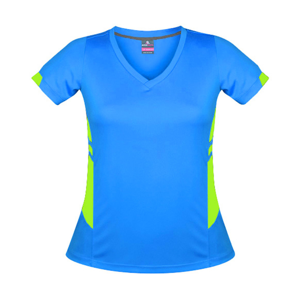 Cyan blue women's v-neck sports tee with neon yellow-green contrast side panels and sleeve accents