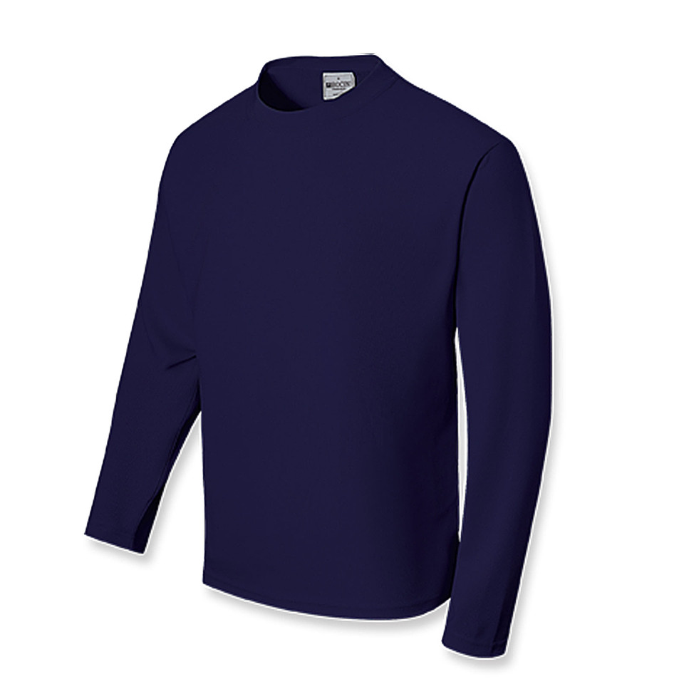 Navy blue long sleeve crew neck shirt with smooth polyester fabric and clean flat front panel