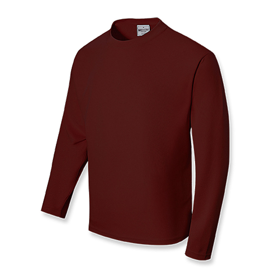 Maroon long sleeve unisex polyester tee with crew neck, smooth flat front panel, packshot view