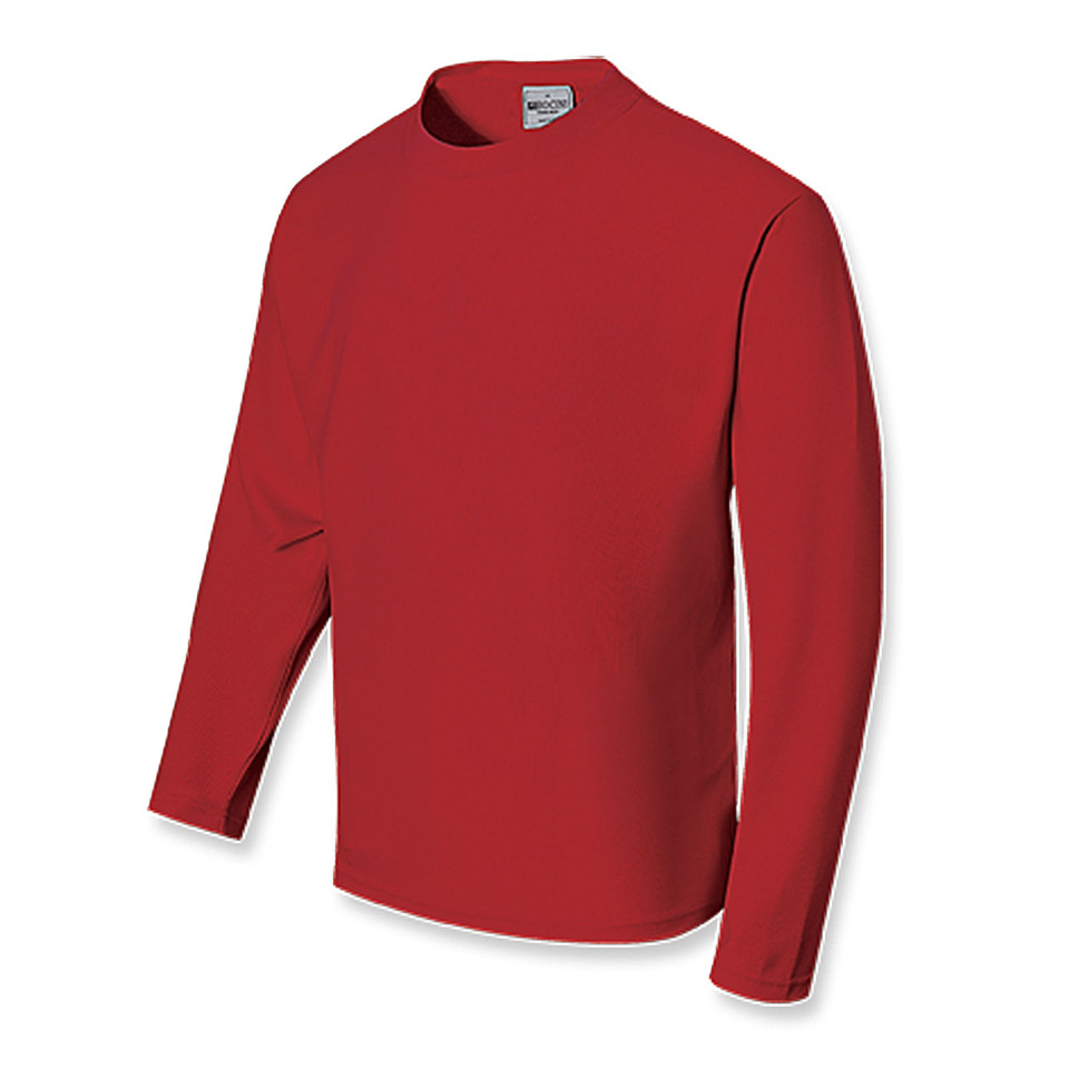 Red long sleeve unisex polyester tee with crew neck, smooth flat front panel, packshot view