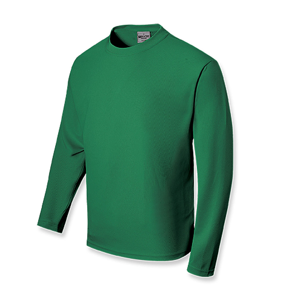 Kelly green unisex long sleeve polyester tee with crew neck, smooth flat front panel, packshot view