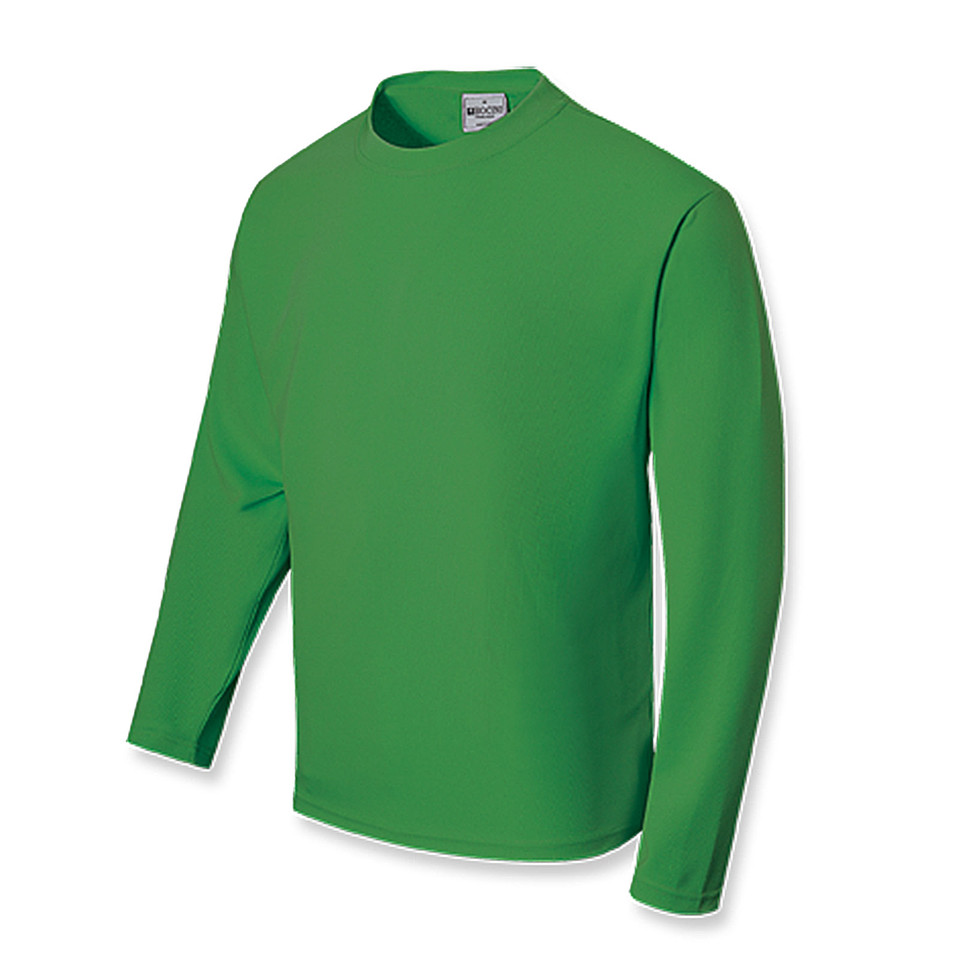 Kelly green kids long sleeve polyester tee with crew neck, smooth flat fabric, packshot view