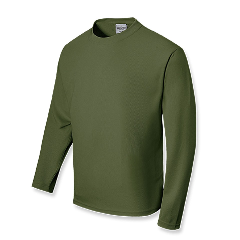 Olive green long sleeve crew neck tee with smooth polyester fabric and ribbed collar