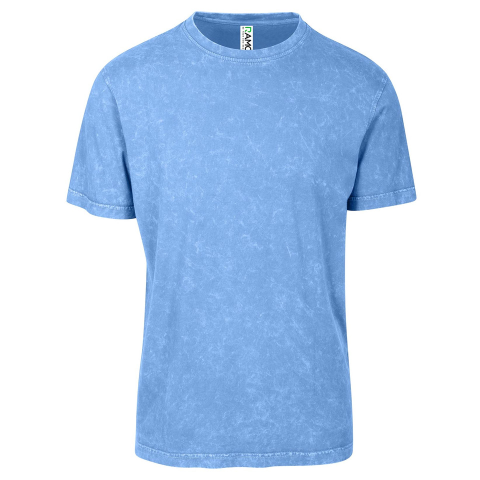 Sky blue stone washed crew neck t-shirt with faded vintage texture and short sleeves