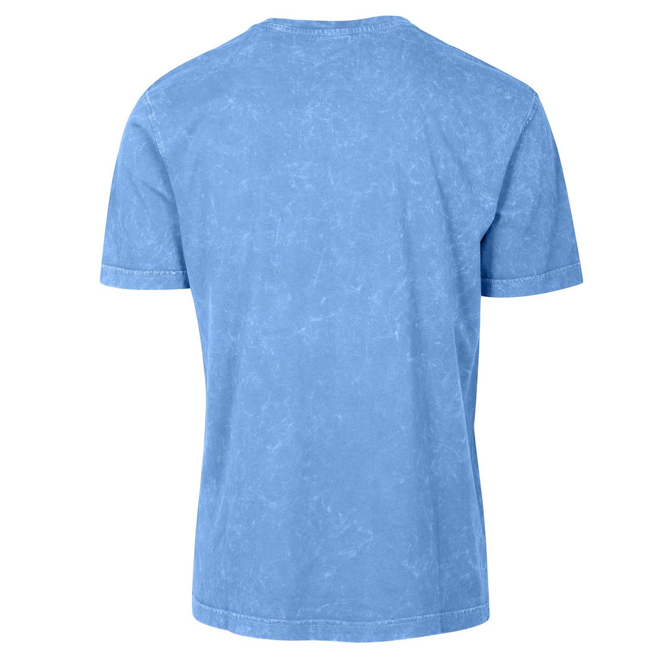 Back view of stone washed sky blue cotton t-shirt with faded texture and contrast stitching