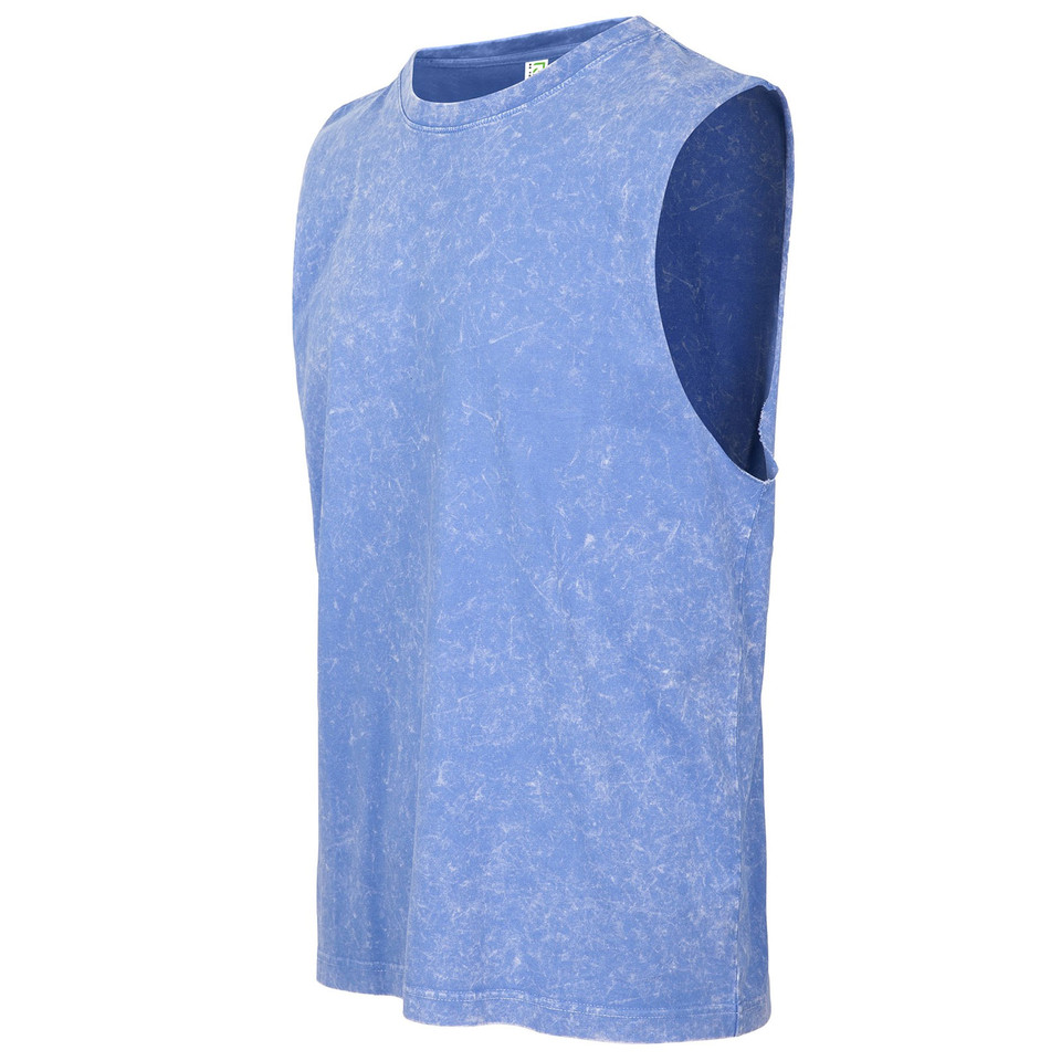 Periwinkle blue stone-washed cotton muscle tank with crew neck and sleeveless cut, packshot angle