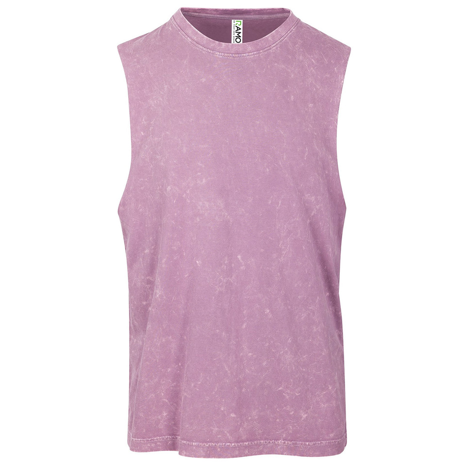 Mauve stone washed cotton muscle tank with crew neckline and contrast stitching detail