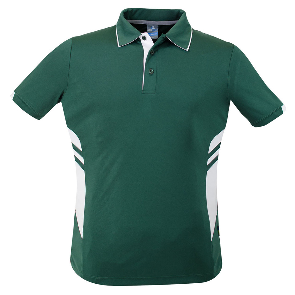 Forest green sports polo with white contrast side panels and striped detail on sleeves