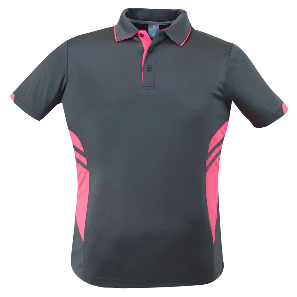 Charcoal grey polo shirt with hot pink contrast panels and collar tipping