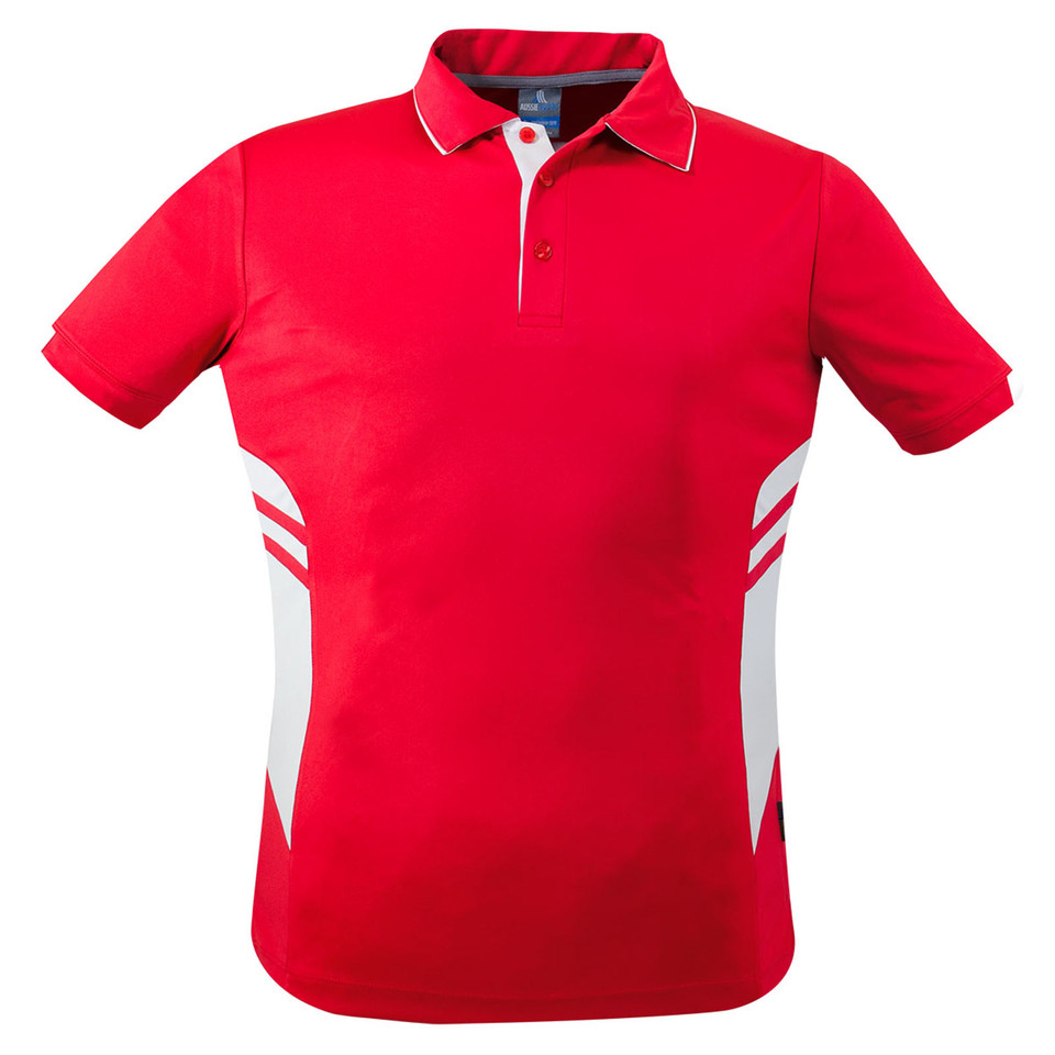 Red sports polo with white side panels, contrast sleeve chevrons and collar tipping