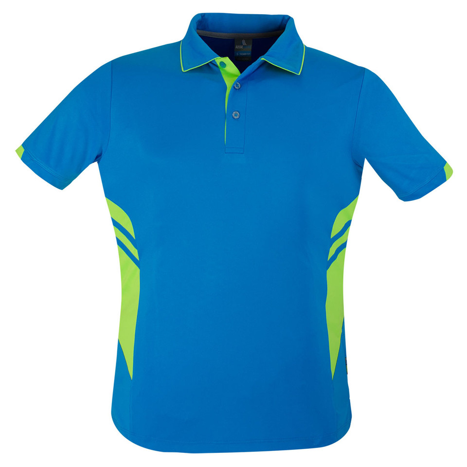 Cyan blue men's sports polo with lime green contrast side panels, stripe detail and tipped collar