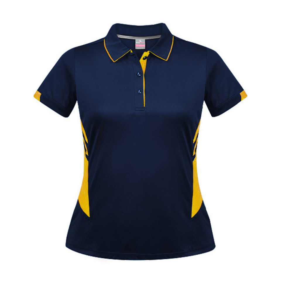 Navy ladies polo shirt with gold contrast trim on collar, placket and side panels