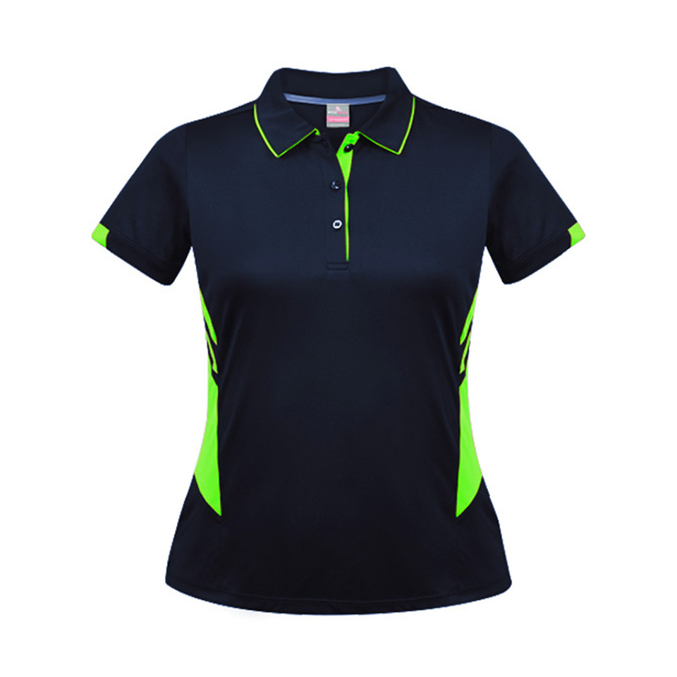 Navy+Neon Green Plain Talent women's contrast sports polo shirt made from moisture-removal microknit fabric, featuring snag resistance and contrast trim, ideal for bulk team and corporate uniform orders.