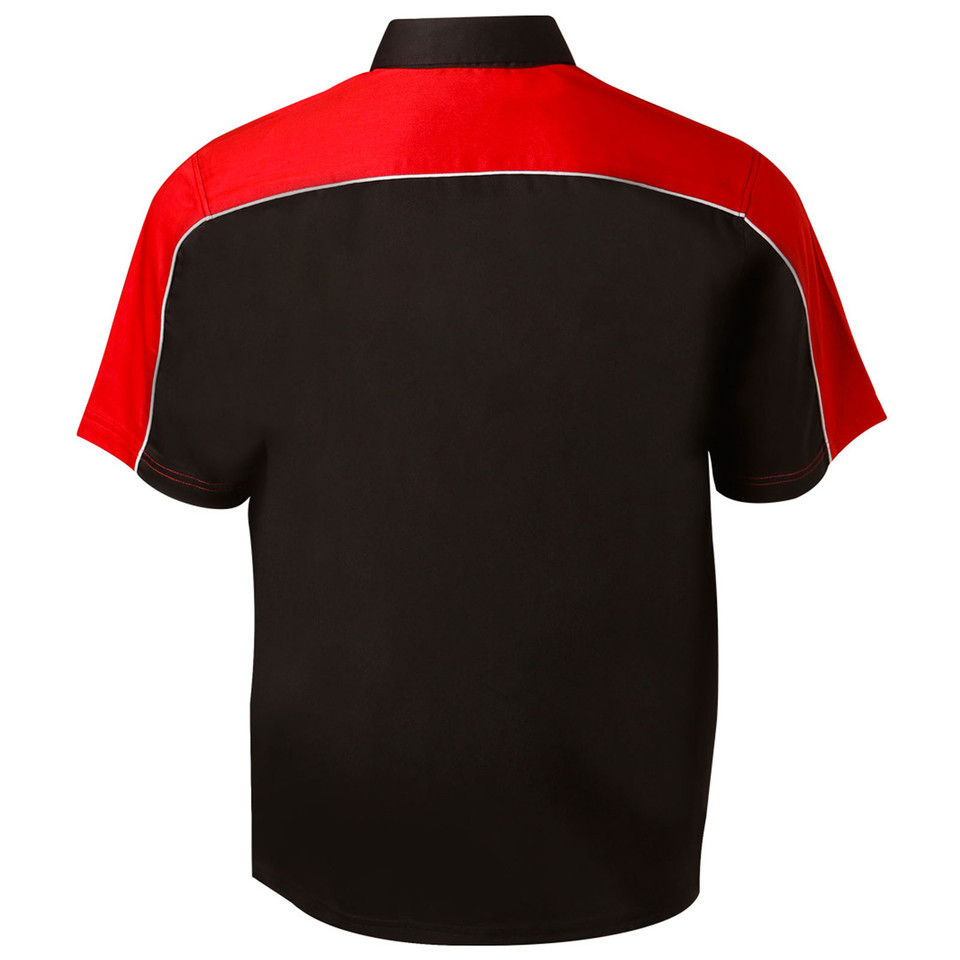 Black and red contrast panel moto shirt with piping detail, rear view showing collar and short sleeves