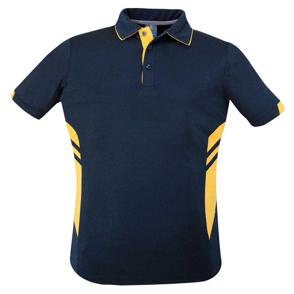 Navy polo shirt with gold contrast side panels, collar trim and placket, featuring triple stripe detailing