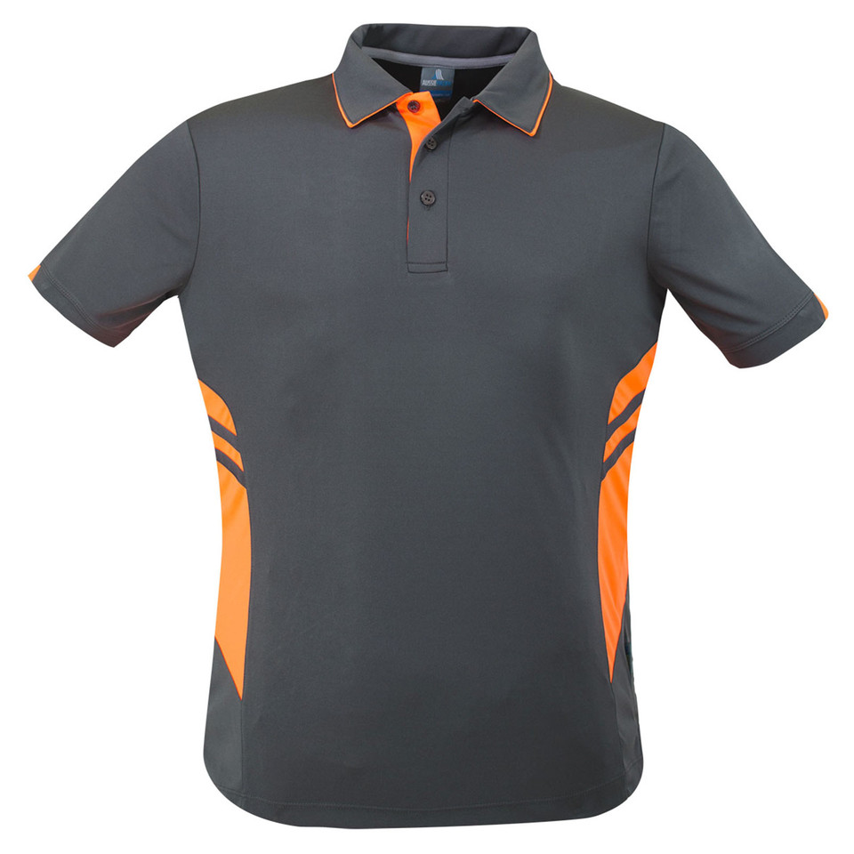 Kids slate grey polo shirt with orange contrast side panels, collar tipping and three-button placket