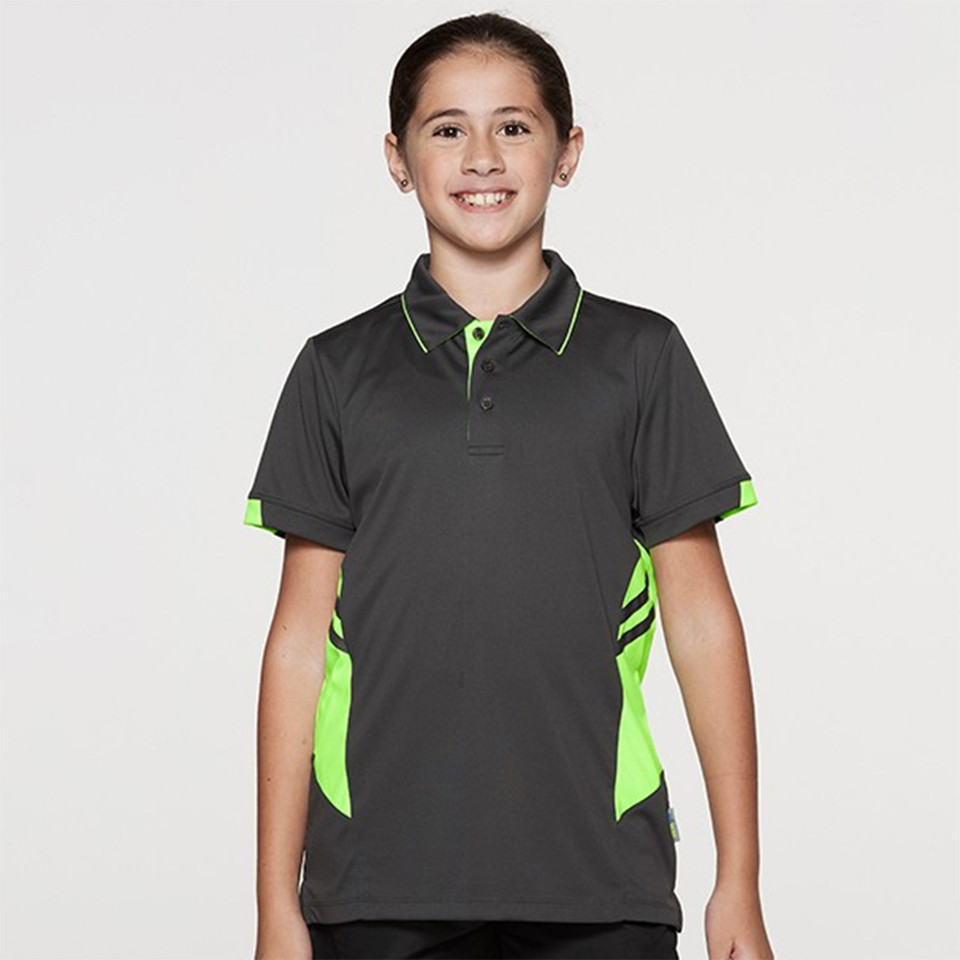 Child wearing charcoal and neon green contrast sports polo with side panels and two-button placket