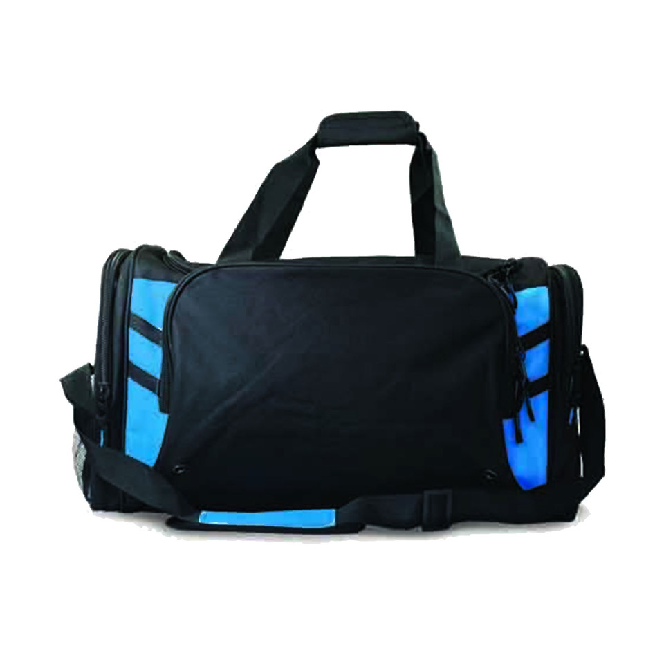 Black sports duffle bag with bright blue contrast panels and adjustable shoulder strap