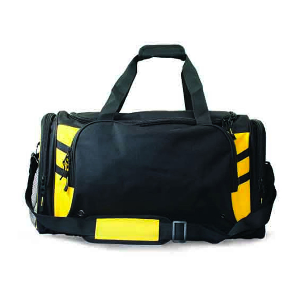 Navy sports duffle bag with bright yellow contrast panels and dual carry handles