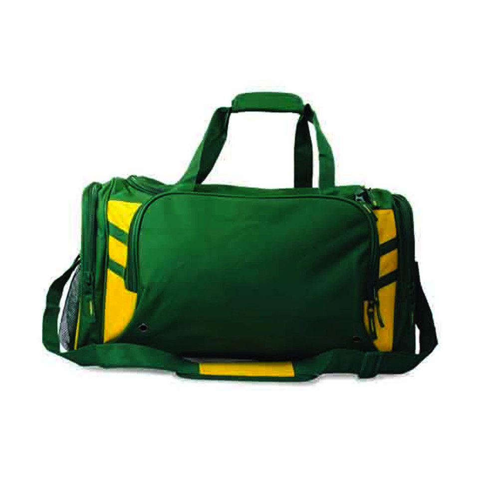 Forest green sports duffle bag with bright yellow contrast panels and matching carry handles