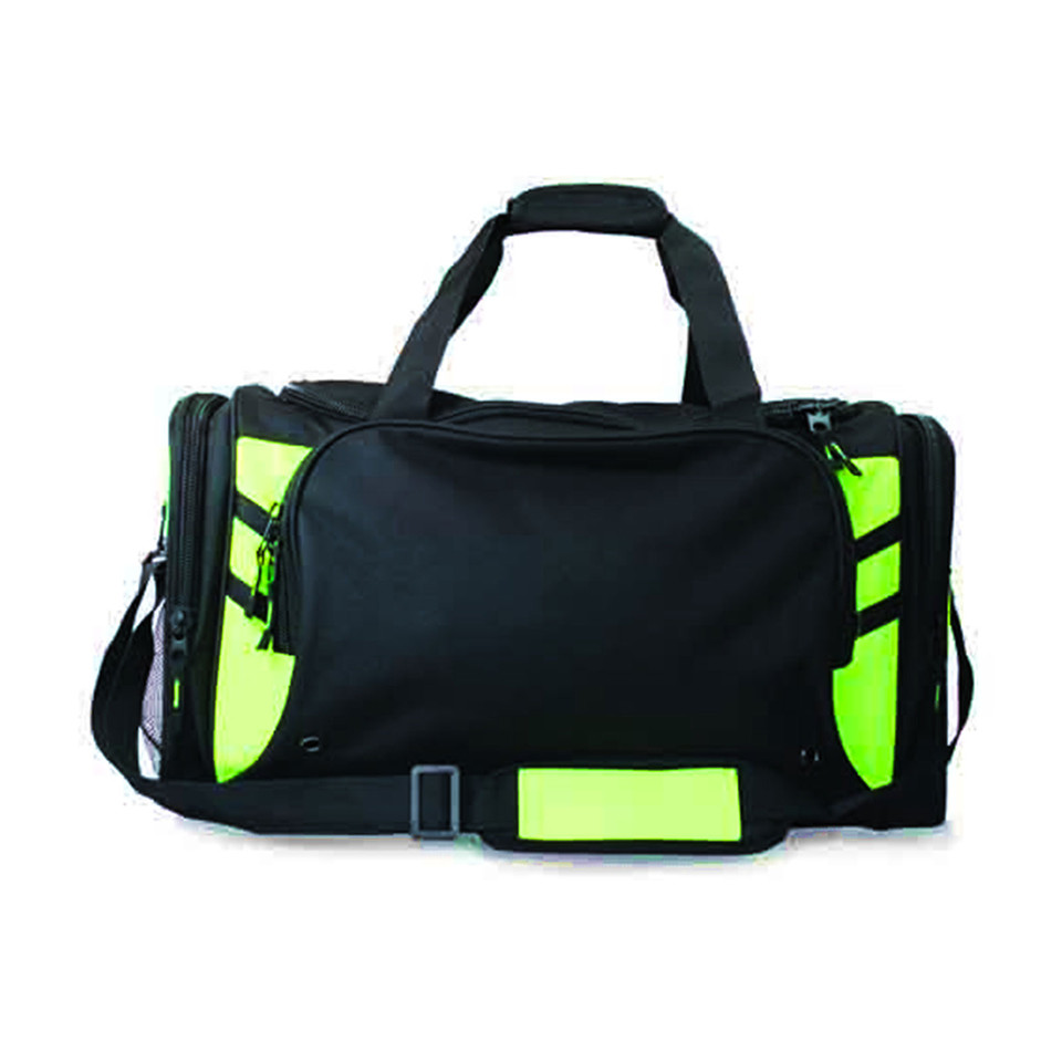 Black sports duffle bag with neon yellow contrast panels and multiple zippered compartments