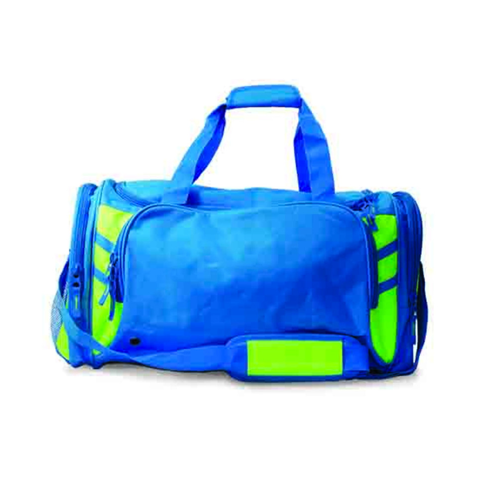 Royal blue sports duffle bag with neon yellow contrast panels and matching handles