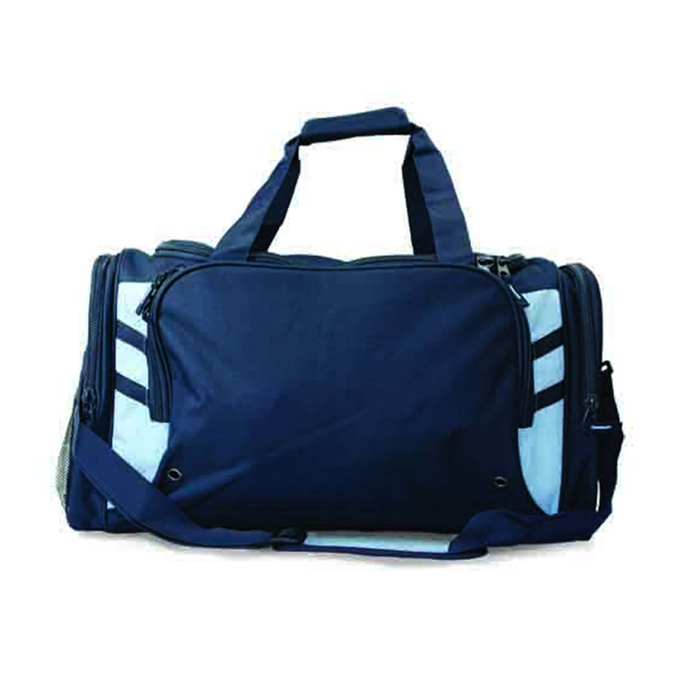 Navy sports duffle bag with sky blue contrast panels and dual carry handles