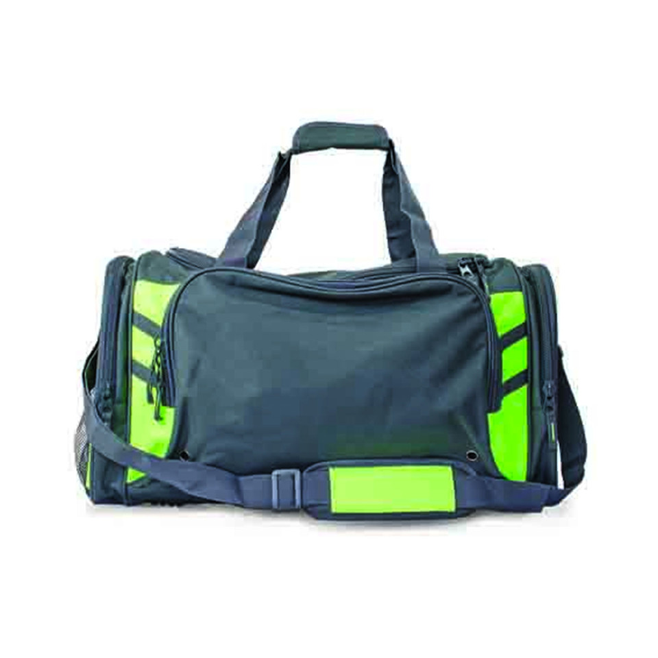 Slate grey sports duffle bag with lime green contrast panels, zip pockets, carry handles and detachable shoulder strap