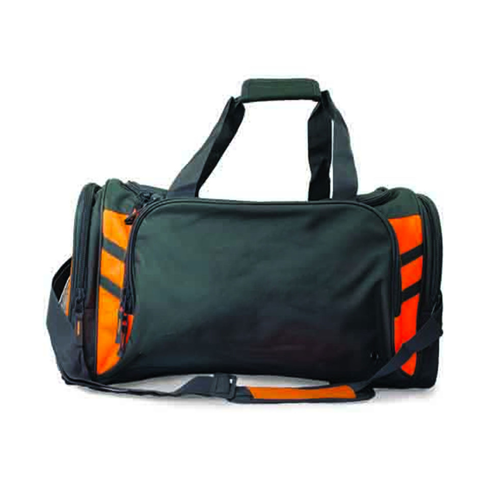 Charcoal and orange sports duffle bag with contrast side panels, top carry handles and detachable shoulder strap
