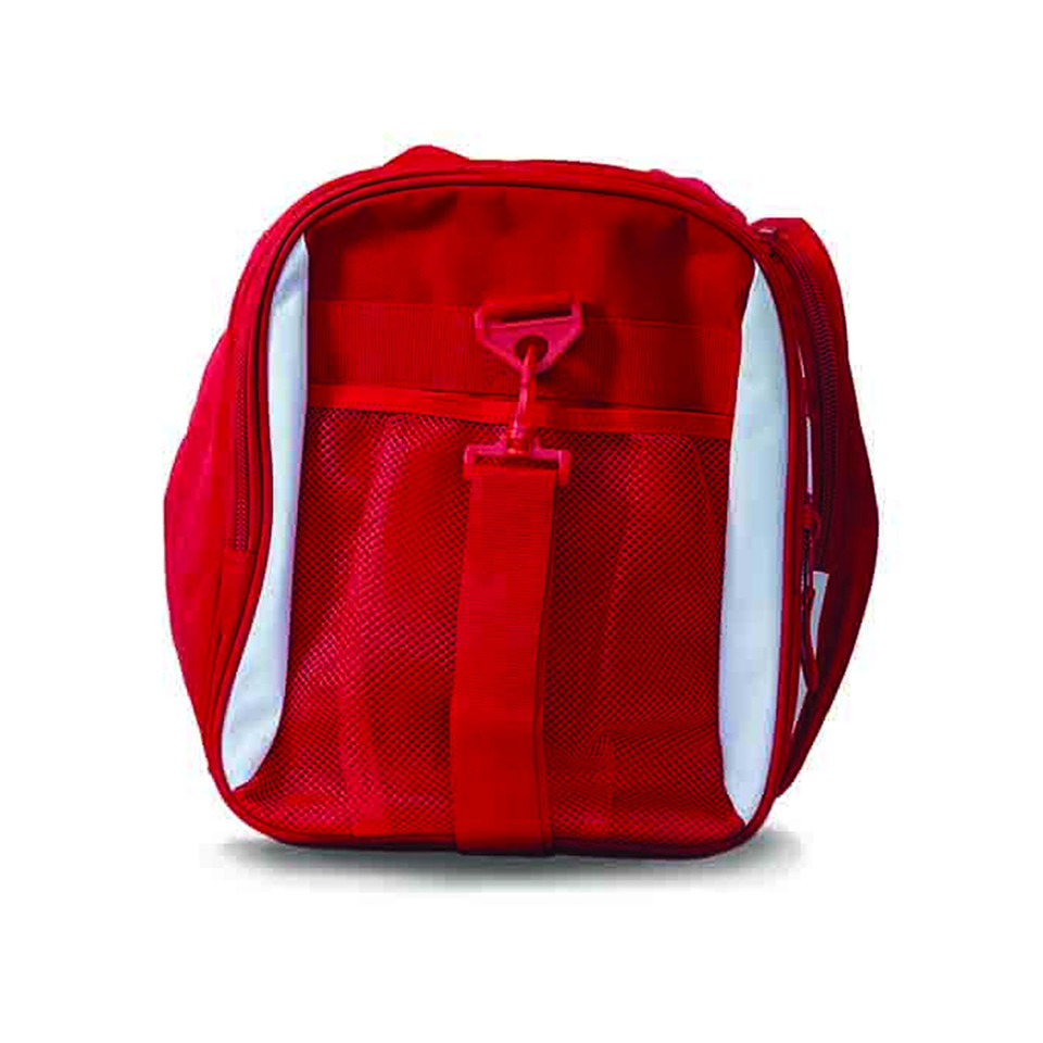 Red + White Talent plain contrast sports duffle bag, a large gym and team bag ideal for wholesale bulk purchase and custom logo embroidery.