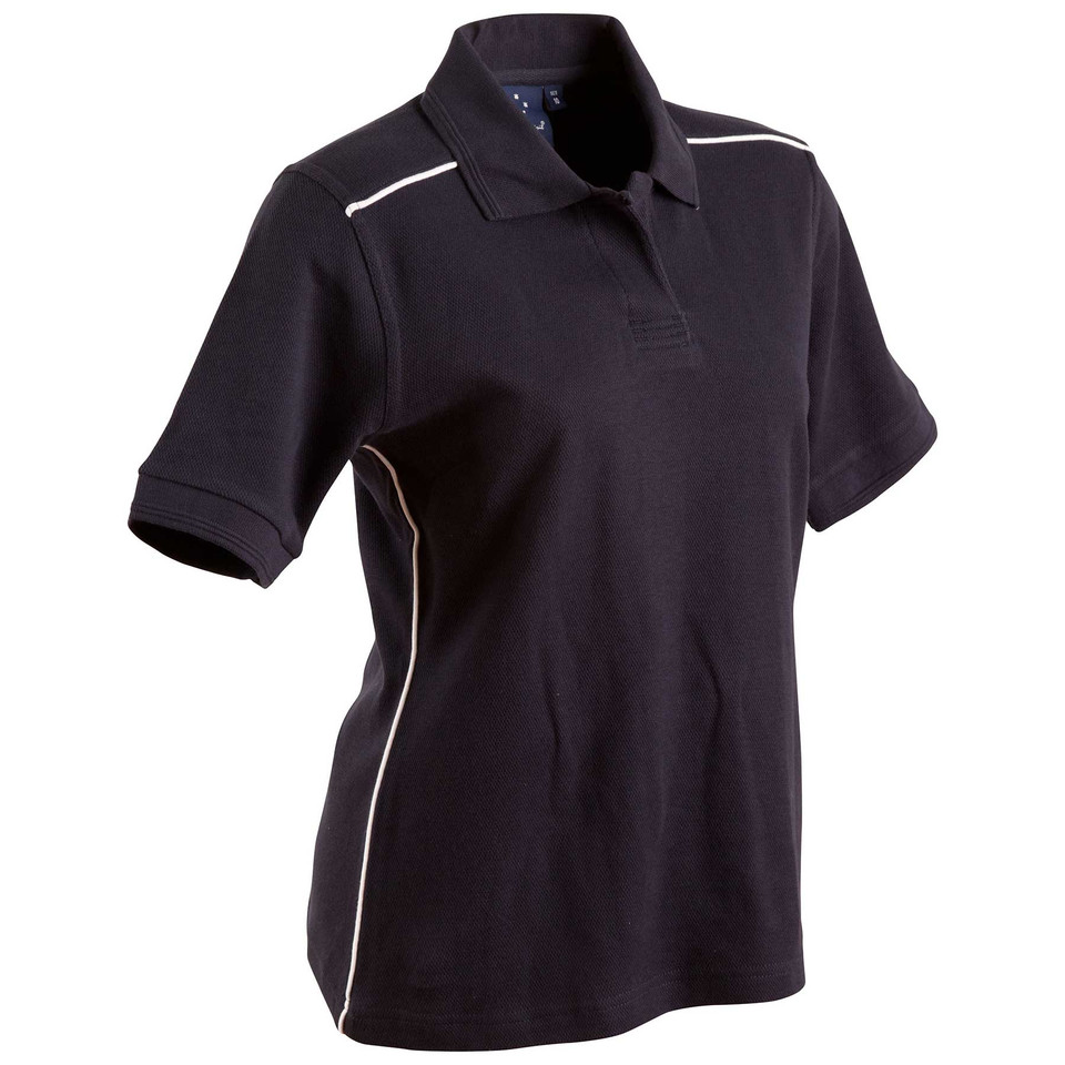 Navy blue polo shirt with white contrast piping detail along shoulders and sides
