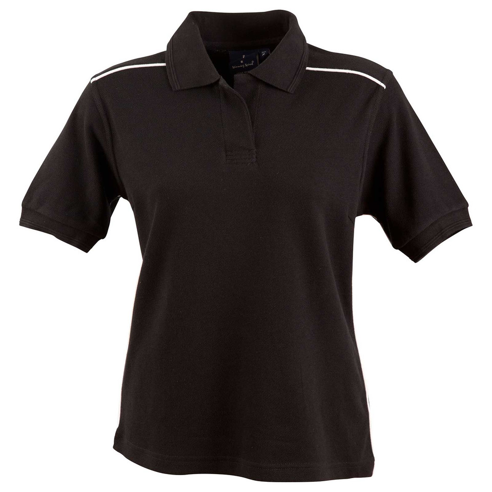Women's black short sleeve polo shirt with white piping along shoulder seams and three-button placket