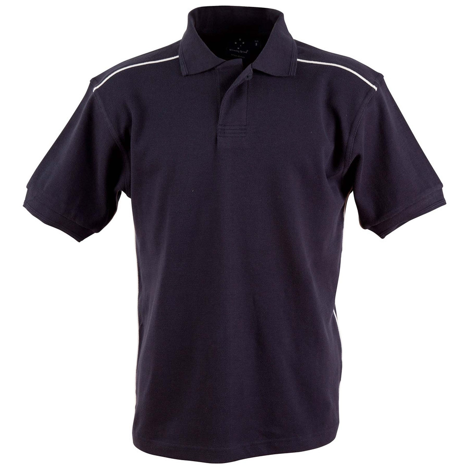 Navy polo shirt with white shoulder piping and contrast trim details