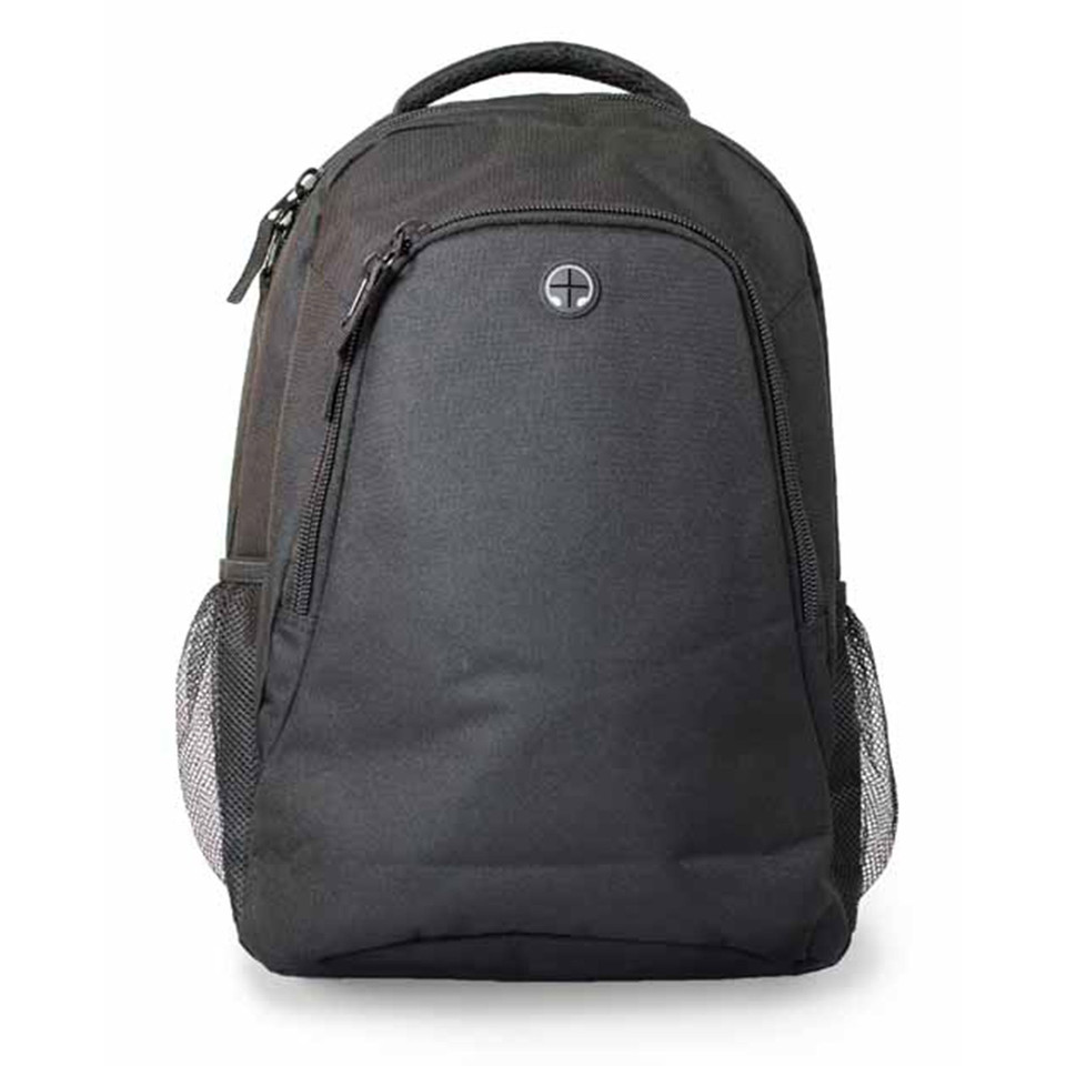 Charcoal grey backpack with black contrast trim, front zippered pocket, padded shoulder straps and mesh side pockets