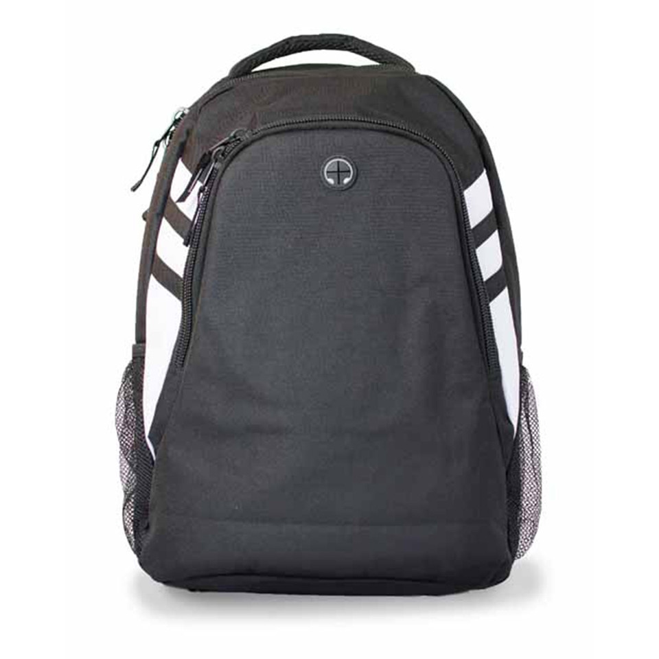 Charcoal grey backpack with white contrast side panels and mesh pockets