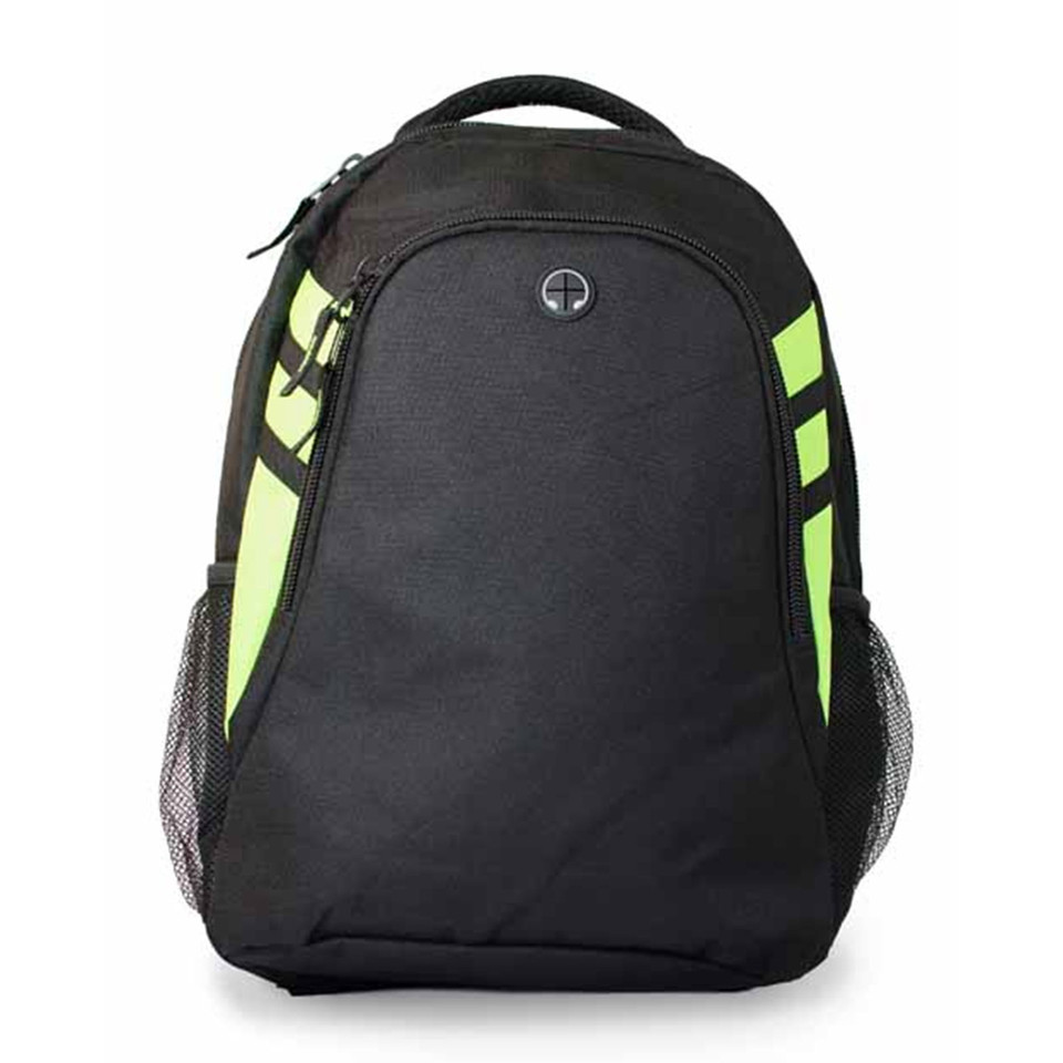 Black backpack with neon yellow contrast straps and mesh side pockets, padded shoulder straps
