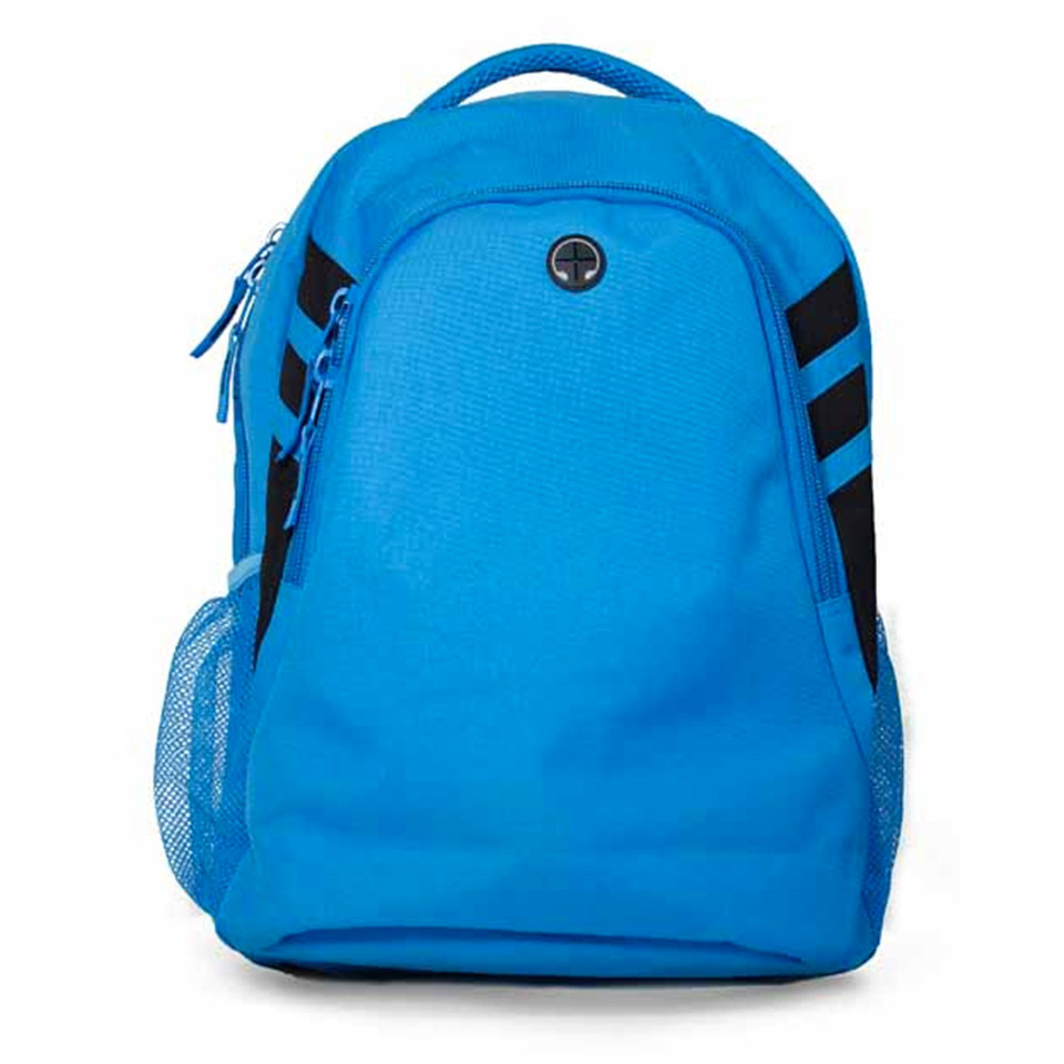 Bright cyan backpack with black contrast straps and mesh side pockets featuring large front decoration panel