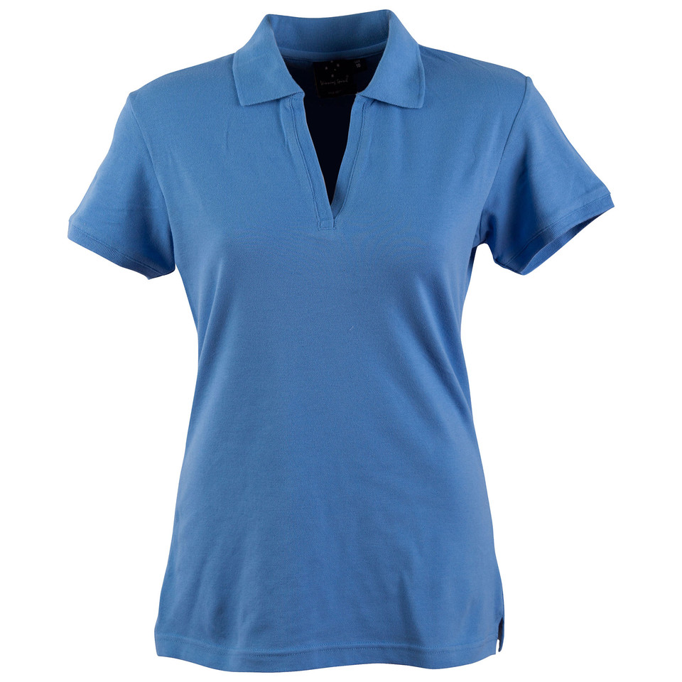 Carolina blue ladies polo shirt with v-notch collar and contrast navy inner placket