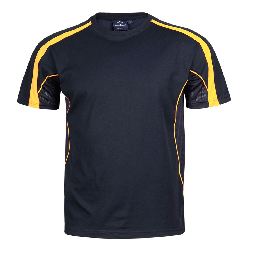 Navy TrueDry sports tee with gold contrast panels on shoulders and sides