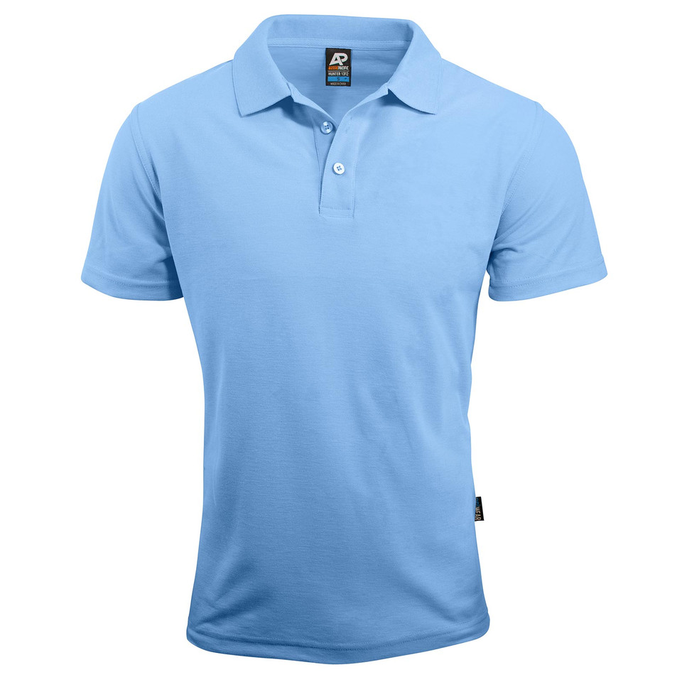 Sky blue polo shirt with collar and button placket in easy care poly cotton blend