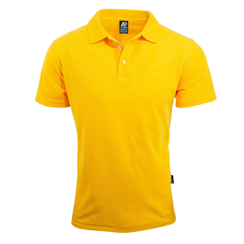Golden yellow poly-cotton polo shirt with contrasting white buttons and flat knit collar