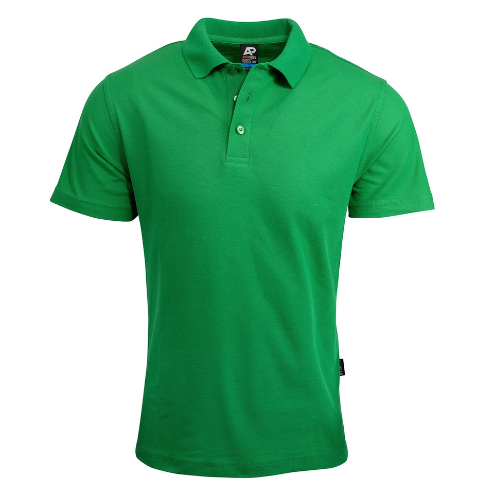 Kelly green short sleeve polo shirt with three-button placket and flat knit collar