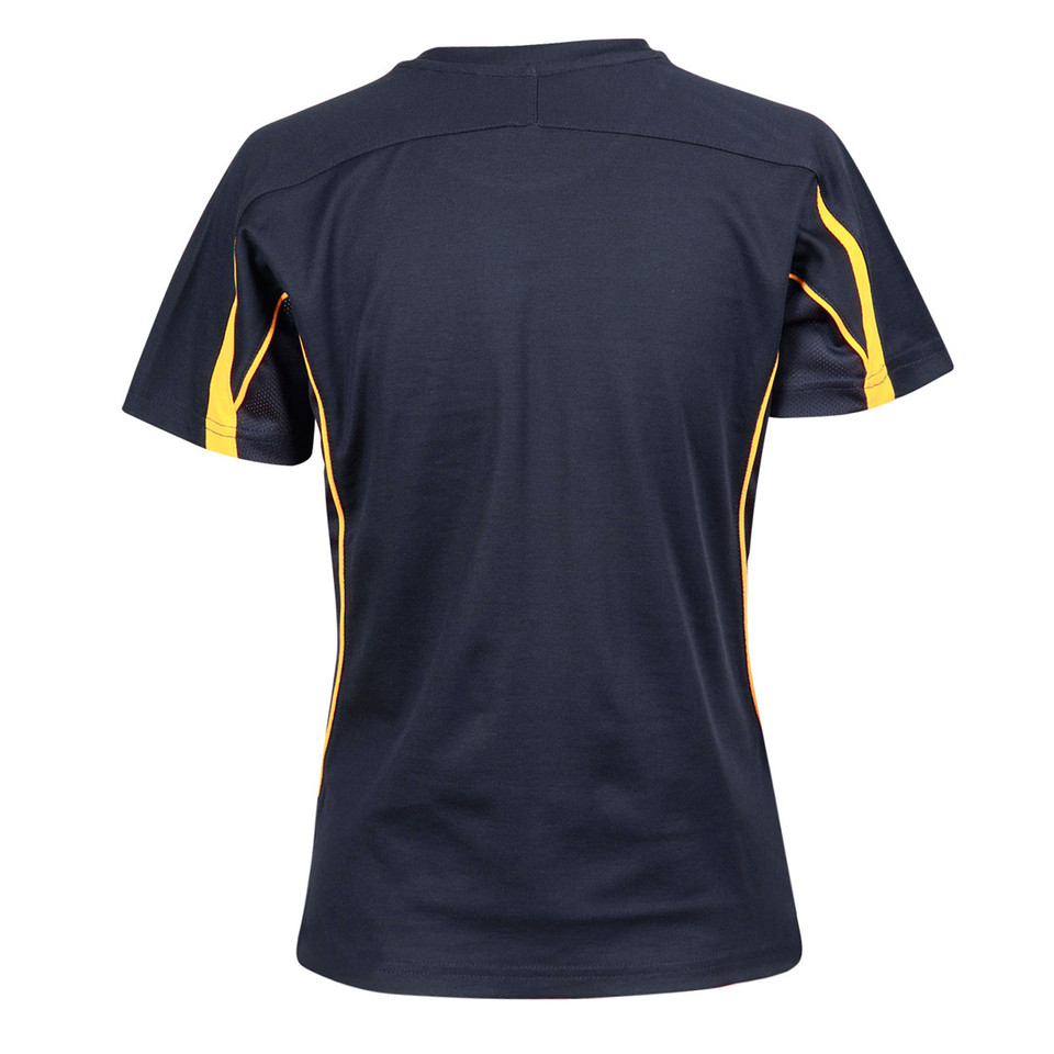 Navy ladies sports tee with golden yellow contrast panels on sides and sleeves, rear view
