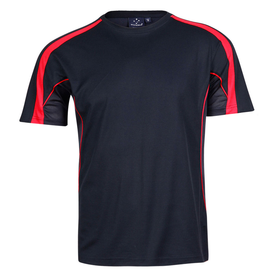 Navy performance tee with red contrast panels on shoulders and sides in moisture-wicking fabric