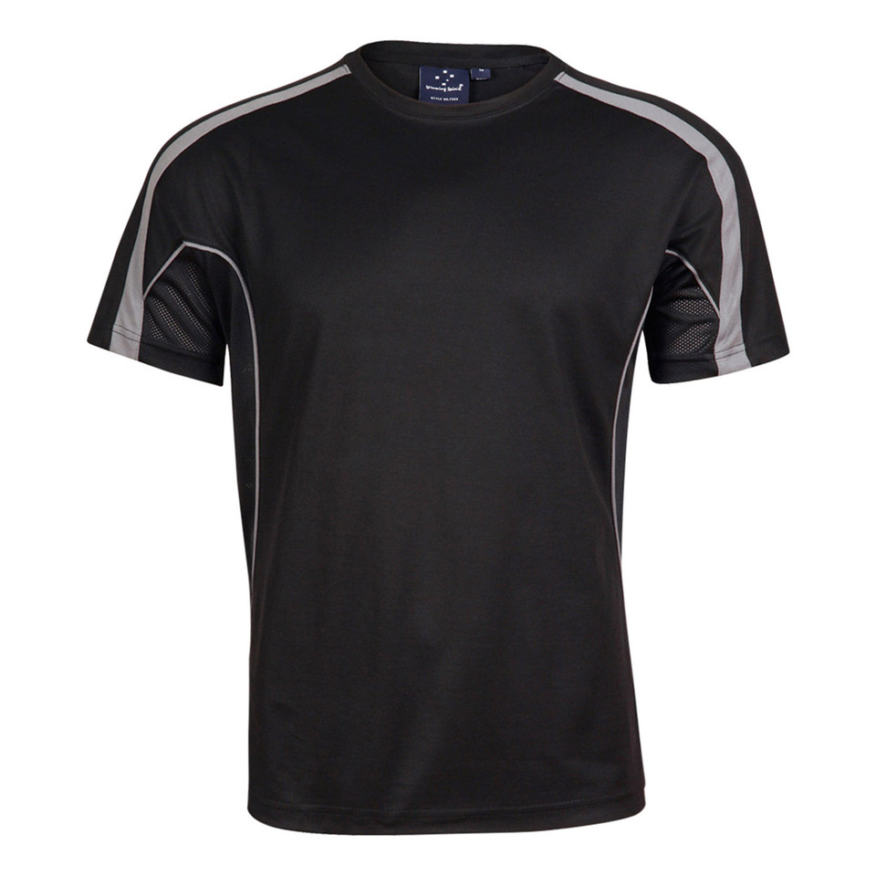 Black kids' sport t-shirt with grey contrast panels on shoulders and sleeves, featuring side panel detail